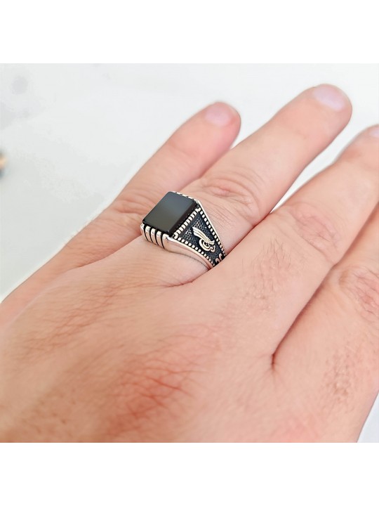 Siyah Oniks Taşlı 925 Ayar Gümüş Erkek Yüzük : 00003